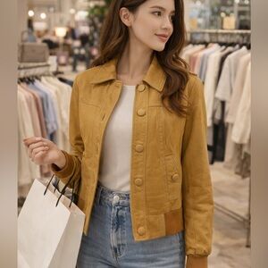 H&M Camel Tan Leather Button Up Bomber Jacket, Size 8